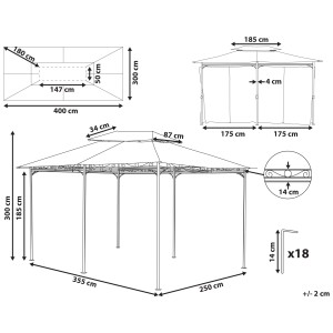 Schizzo del gazebo Colos grigio grafite con dimensioni per il montaggio e dettagli.