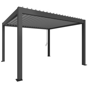 Pergola Biohort, grigio scuro/argento metallizzato, 4x3,5 m. Copertura per patio con lamelle regolabili e scarico acqua piovana.