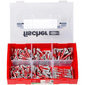 Fischer L-BOXX mini con 210 tasselli DuoPower corti e lunghi, assortiti in scatola di plastica rossa con coperchio trasparente.