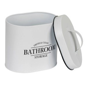 Box da bagno ovale bianca Pali di Wenko con coperchio e manico in bambù. Stampa 'Bathroom Storage'.