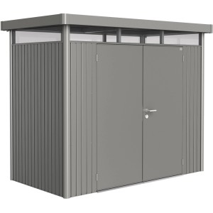 Casetta da giardino in metallo Biohort HighLine, grigio quarzo metallizzato, 3,5 m² con doppia porta.