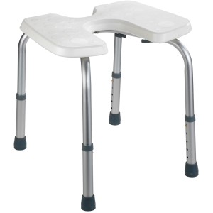 Wenko Tabouret de douche Secura, blanc, avec découpe hygiénique et pieds en aluminium réglables en hauteur.