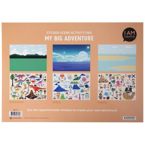 I Am Creative Bloc d'activités A3 avec scènes d'autocollants dinosaures, espace et pirates.
