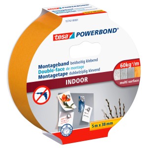 Ruban de montage Tesa Powerbond Indoor, 5 m x 38 mm, pour des fixations intérieures fortes et durables.