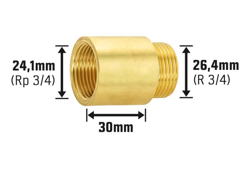 Rallonge de robinet laiton 24,1 mm (Rp 3/4) / 26,4 mm (R 3/4) / 30 mm