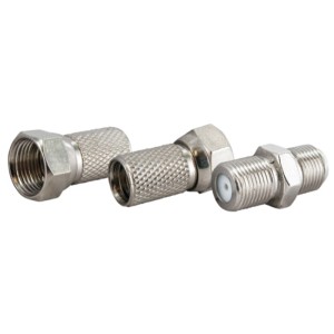Set connettori per cavo F Schwaiger 8 mm per cavi di collegamento SAT, composto da 2 connettori F e 1 connettore F.