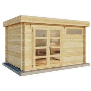 Moderna casetta da giardino Alpholz Leandro-28 in legno naturale con tetto piatto, doppia porta e finestra.