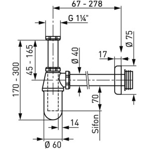 Disegno tecnico: Sifone in ottone cromato, 1 1/4 di pollice, Ø 40 mm, con dimensioni.