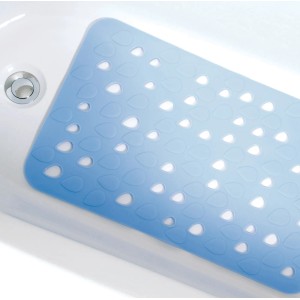 Tappetino da bagno blu Spirella Drops 35x53 cm con ventose nella vasca.