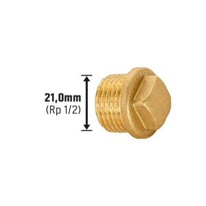 Tappo filettato in ottone, 21mm (R 1/2) per raccordi filettati, primo piano.