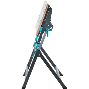 Banco da lavoro Wolfcraft Master 750 Ergo: tavolo di serraggio e macchina con telaio in tubolare d'acciaio e funzione di piegatura rapida.