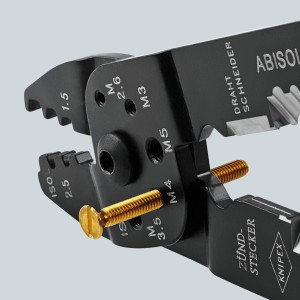 Pinza a crimpare Knipex, laccata nera, con vite nei fori filettati per tagliare barre filettate.