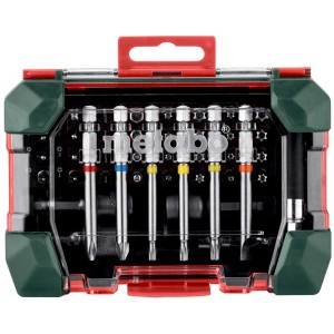 Assortiment de 15 embouts Metabo avec embouts à code couleur et porte-embout à changement rapide dans une boîte pratique.
