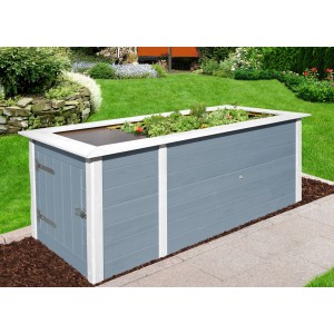 Aiuola rialzata in legno grigio Weka Profi con ripiano e piante in giardino.