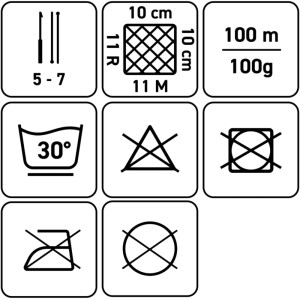 Conseils d'entretien pour la laine Myboshi Chenille Samt : Laver à 30°, ne pas blanchir, ne pas repasser, ne pas sécher en machine.