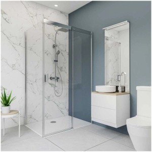 Bagno con pannello posteriore doccia Breuer effetto marmo bianco e nero, satinato.