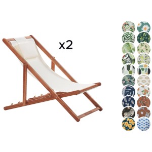 Set di 2 lettini da giardino Beliani Avellino in legno di acacia con rivestimento color crema e fodere di ricambio opzionali.