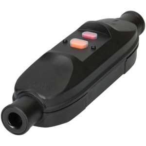 Interruttore differenziale portatile nero 16A/230V con pulsanti test e reset.