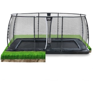 Trampolino interrato rettangolare nero EXIT Dynamic 305x519 cm con rete di sicurezza in giardino.