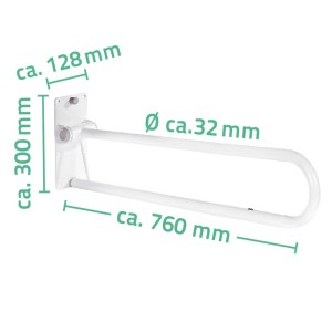Barre d'appui WC rabattable blanche avec dimensions pour plus de sécurité dans la salle de bain.