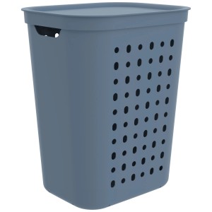 Cesto portabiancheria Rotho Jona 55L blu-grigio con coperchio e maniglie.