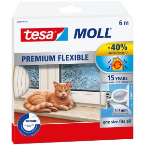 Emballage du joint silicone Tesamoll Premium Flexible, blanc, 9x7mm, 6m. Chat à la fenêtre.