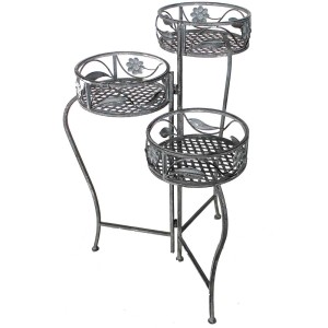Portapiante in ferro grigio antico a 3 ripiani per giardino, patio o zona giorno.
