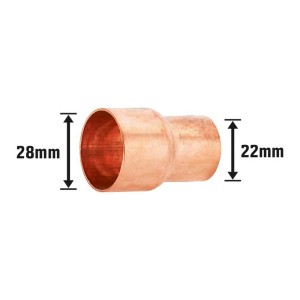 Manicotto di riduzione a saldare in rame, 28 mm x 22 mm, per raccordi di tubi in rame.