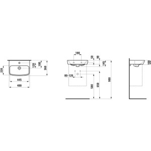 Dessin technique du lave-mains blanc Laufen Moderna R pour WC invités, avec dimensions.