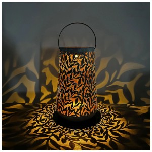 Lanterna solare a LED Schönenberger Olea, grigio pietra/oro rame, con motivo a foglie e luce bianca calda.