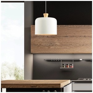 Lampada a sospensione bianca Mondilux Moab E27 con dettaglio in legno, Ø 28 cm.