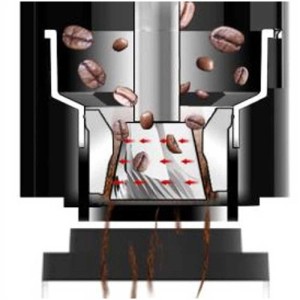 Illustrazione: Macinacaffè Perfect Coffee Grinder che macina chicchi di caffè.