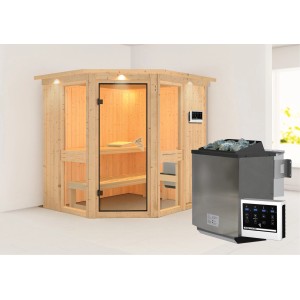 Sauna Karibu Anina 1 con stufa bio e corona del tetto a LED in abete naturale.
