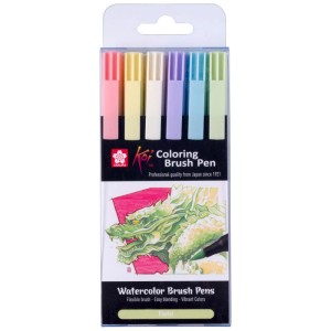 Sakura Koi Brushpen Set Pastel, 6 Stifte in Pastellfarben im transparenten Pack.