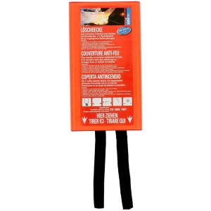 Couverture anti-feu Unitec en fibre de verre, 1 m², dans un emballage orange avec des sangles noires.