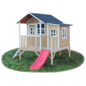 EXIT Loft 350 cabane en bois naturel avec toboggan, pilotis et extension pour enfants.