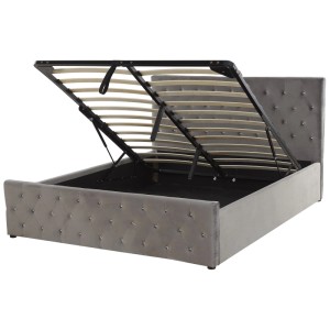 Graues Samt Bett 160x200 cm mit Stauraum unter Lattenrost, Chesterfield Design.