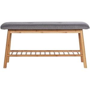 Banc à chaussures Wenko Bahari en bambou avec coussin gris et étagère pour 4 paires de chaussures.
