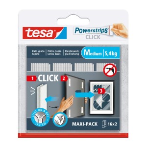Tesa Powerstrips Click Medium, 16 pièces. Clous adhésifs pour tableaux et décorations, montage facile.