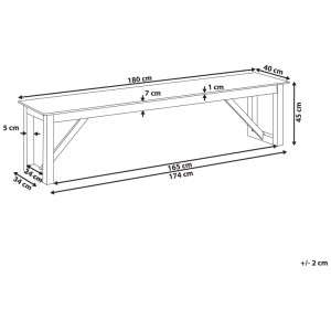 Dessin technique du banc de jardin Beliani Notteri avec dimensions: 180 cm longueur, 40 cm profondeur, 45 cm hauteur.