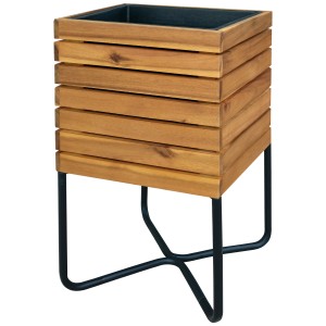 Fioriera quadrata in legno di acacia con struttura in acciaio nero per interni ed esterni.