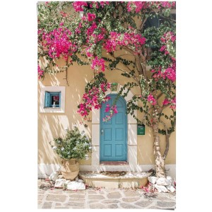 Maxi poster Porte Méditerranéenne (61x91,5 cm) : Porte turquoise encadrée de fleurs roses.
