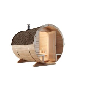 Sauna tonneau Finntherm Carrie, naturelle, Ø 215 cm, avec bardeaux et porte en bois.