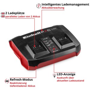 Chargeur de batterie Einhell Power X-Twincharger 4A pour deux batteries, rouge et noir, avec affichage LED.
