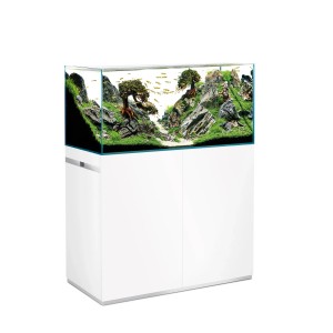 Oase ScaperLine 100 aquarium, 250 l, blanc, avec meuble et décoration aquascape.
