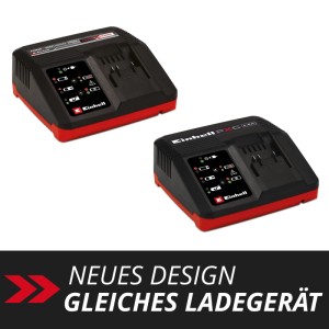 Deux chargeurs Einhell Power X-Change PXC-Charger Power X-Fastcharger 4A en noir et rouge.