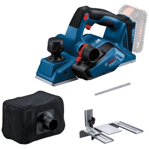 Rabot sans fil Bosch Professional GHO 18V-26 (sans batterie) avec accessoires tels que sac à poussière et guide parallèle.