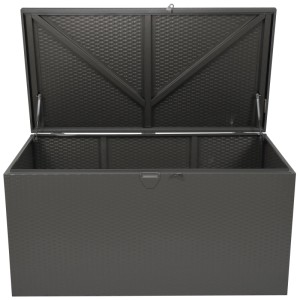 Box contenitore cuscini Spacemaker in metallo grigio aperta, ideale per il giardino.