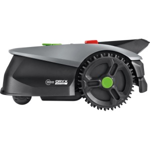 Robot rasaerba LUX-TOOLS Oryx 300 Vision, vista laterale. Grigio, ruote nere con dettagli verdi.