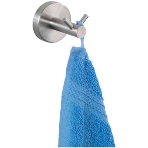 Wenko Crochet mural Bosio Duo, acier inoxydable mat, avec serviette bleue.